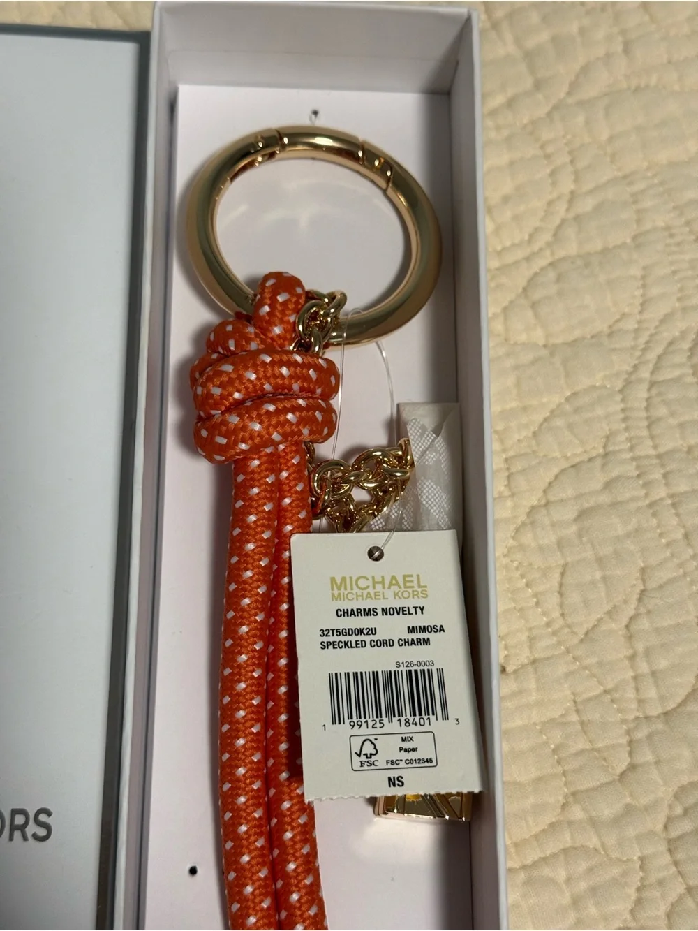 Michael Kors “Mimosa” orange Rope Bag Charm/Keychain with Gold Ring and MK charm